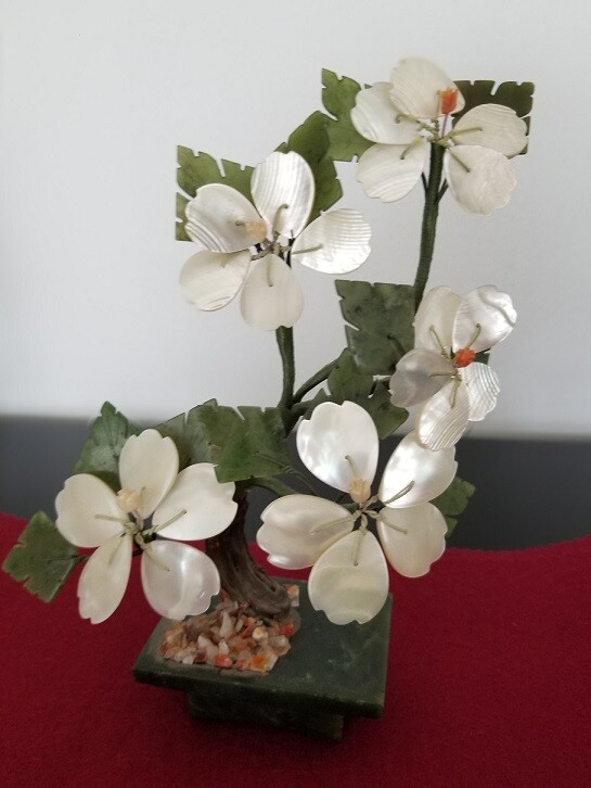 Vintage Jade and Pearl Shell Small Table Top Flower Tree