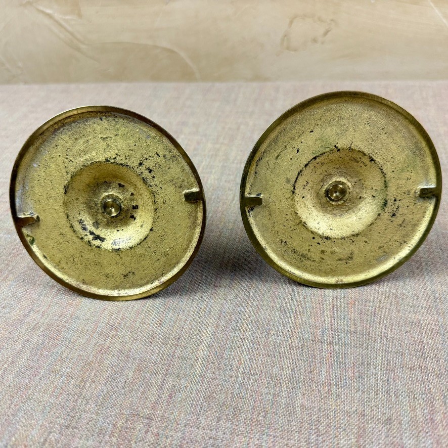 Vintage Pair Solid Brass Short Candlesticks – Heavy Round Base – 3.5″ Tall