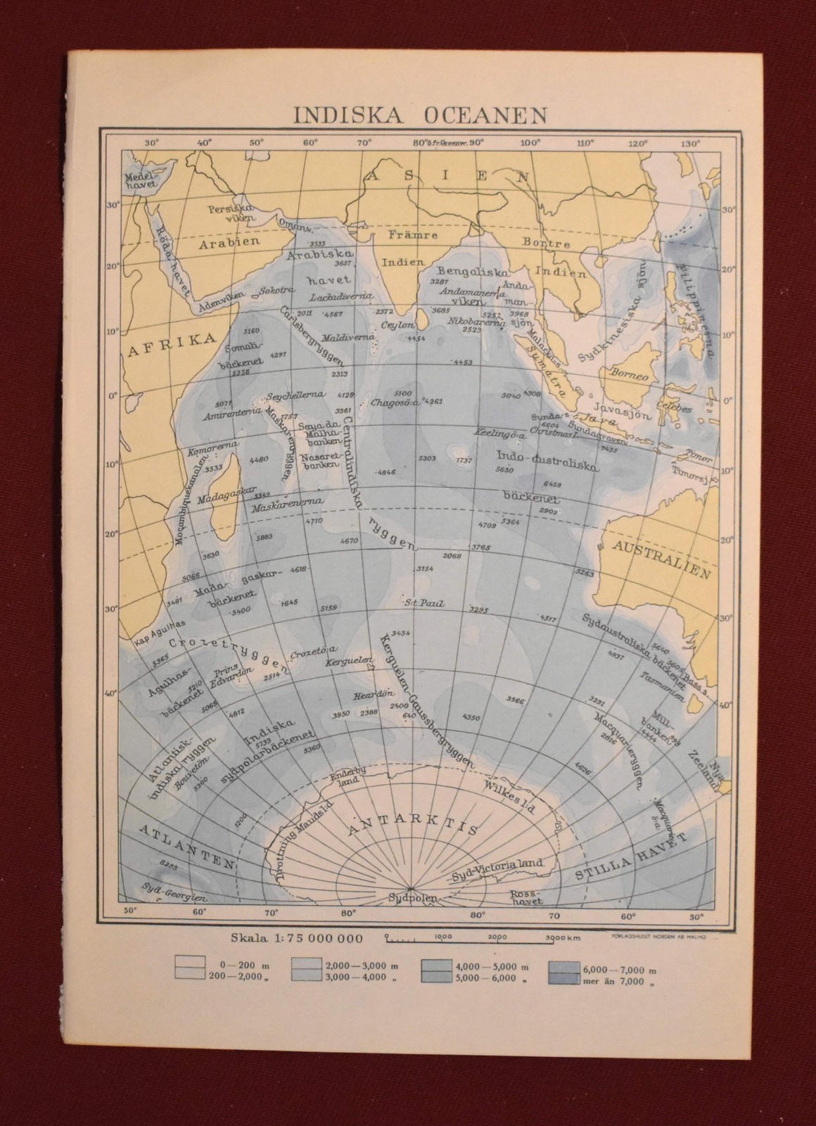 Map of The Indian Ocean, ‘Indiska Oceanen’ Swedish Encyclopedia Plate 1950s