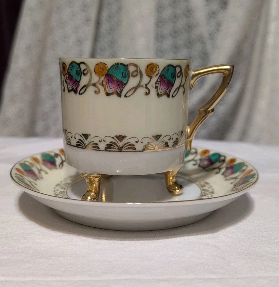 Victorian Era Porcelain Demitasse 3 Ounce Cup and Saucer w/ Bell Flowers