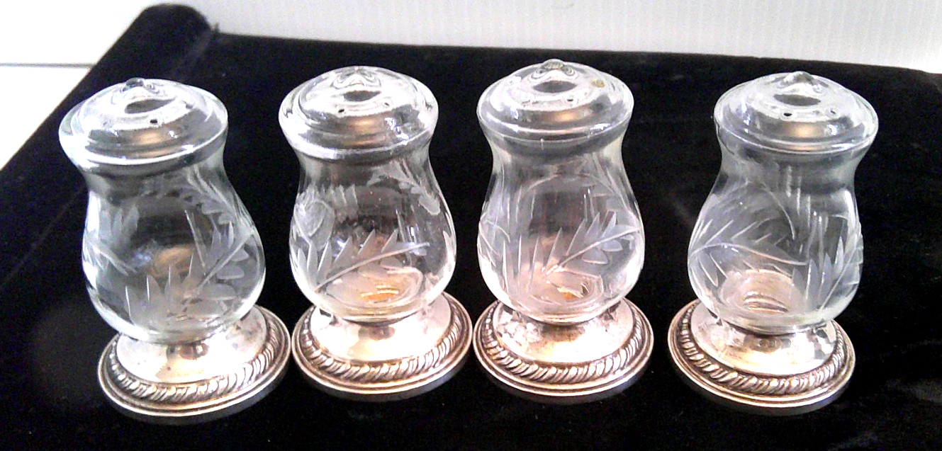 4 Quaker Co Hurricane Salt Pepper Shakers Etched Glass Sterling Silver 703