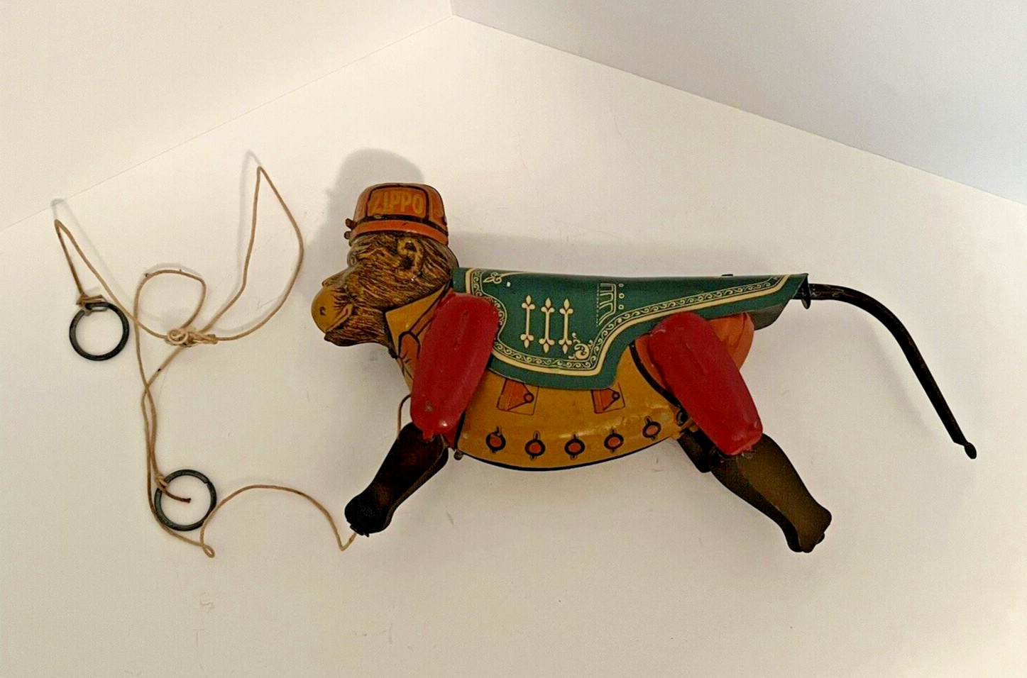 Vintage Rare Mechanical Pull String Climbing Marx Zippo Tin Monkey Toy 10″