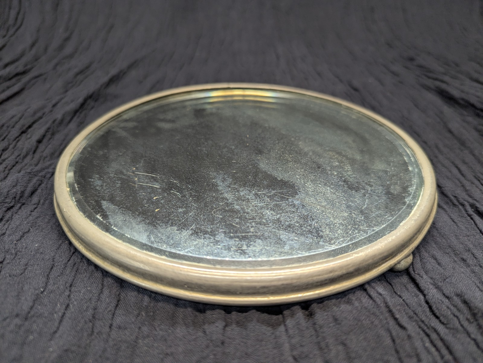 Antique 8″ Dia. Silver Plated Plateau Beveled Mirror Vanity Display Tray