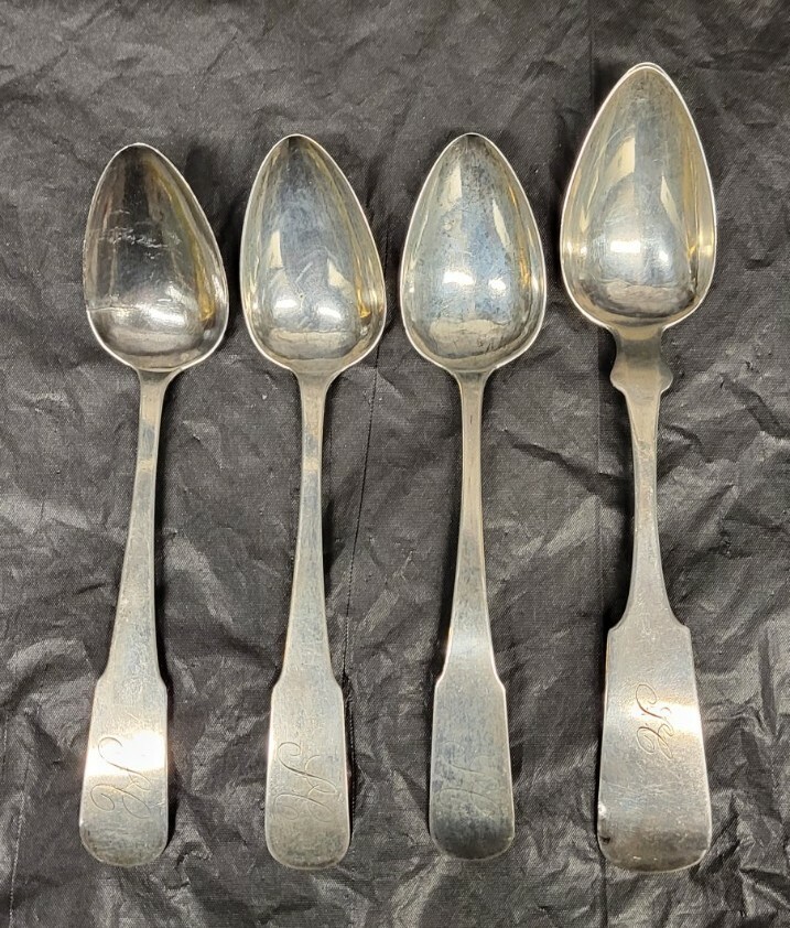 4 Antique 1850’s OSCAR O.E. SIBLEY NY Coin Silver FIDDLE Tea Spoons 41 grams