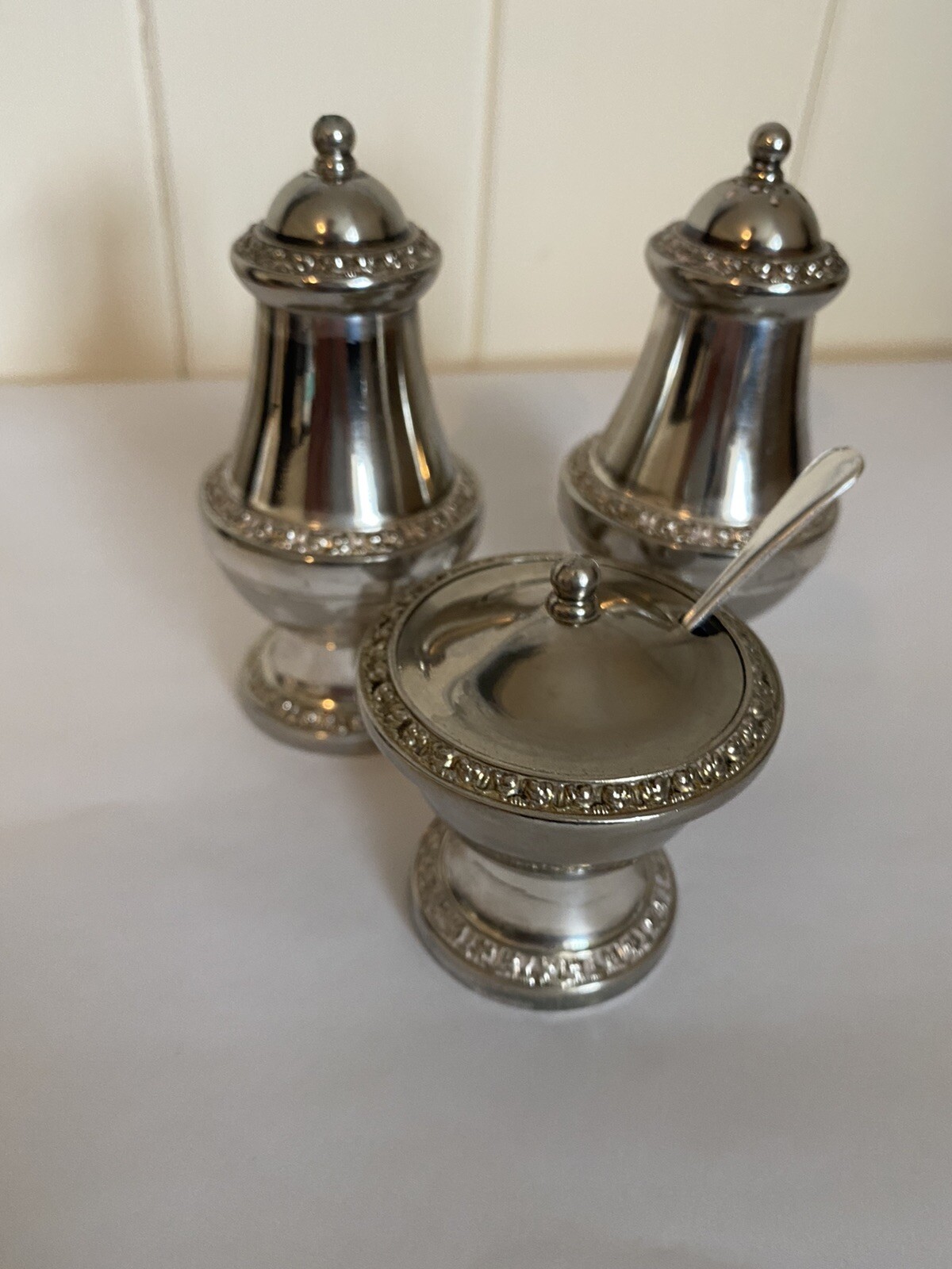 vintage lanthe silver plate salt pepper and mustard condiment cruet set