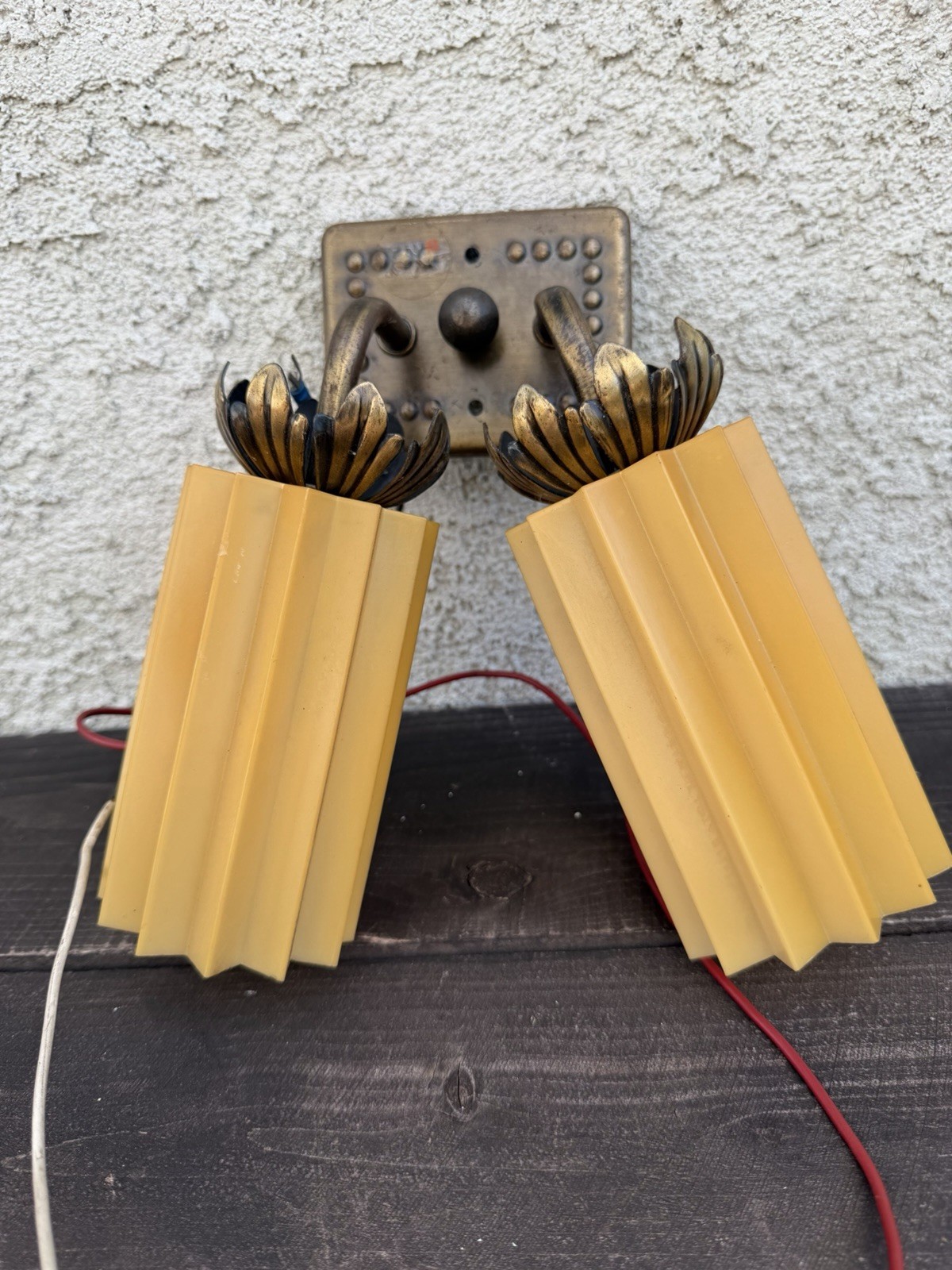 Pair Antique Vintage Art Deco Bras Ribbed Plastic Light Wall Sconces Lamps