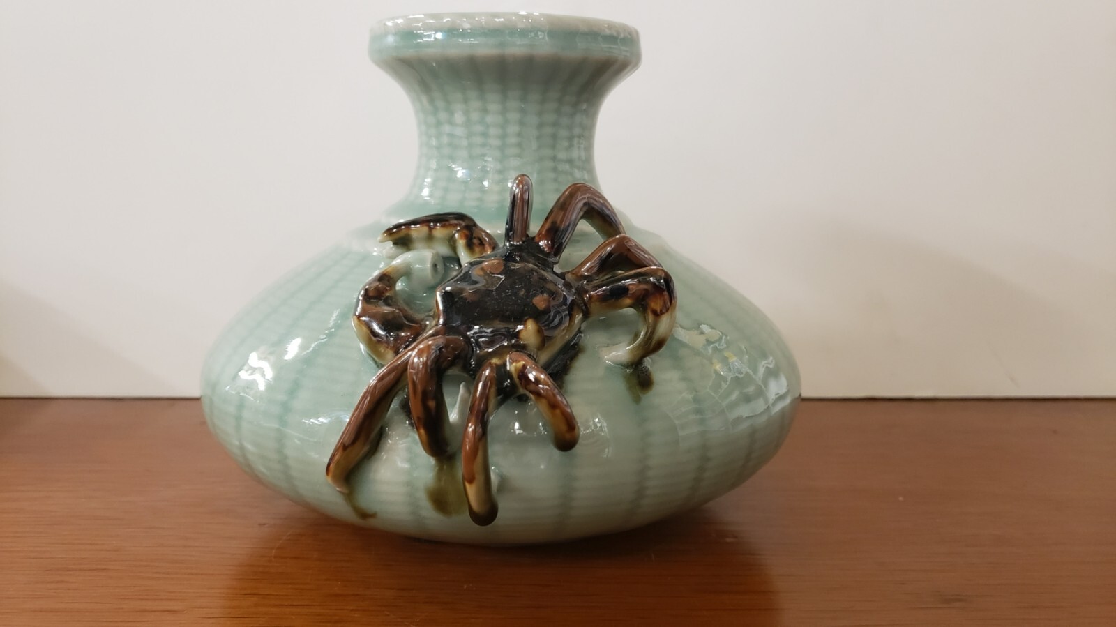 Circa 1970 Chinese Celadon Porcelain Crab/Fishnet Pattern Vase