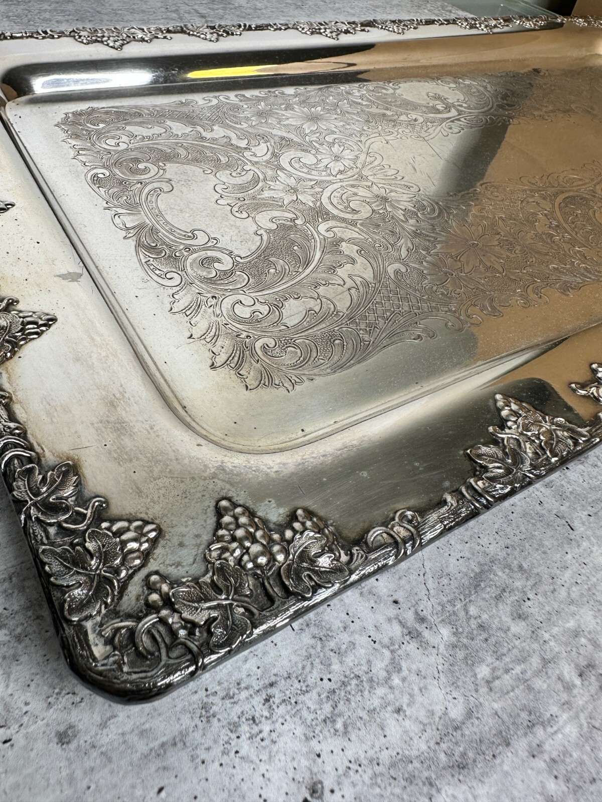 Antique Taber & Tibbits Inc. Large Handled Silverplate Tray Grapevine Motif 2594