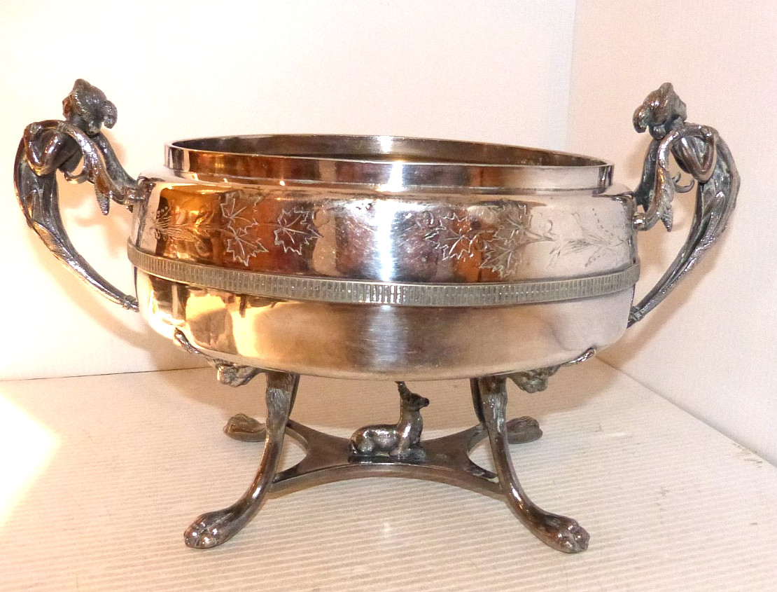 Large Ornate Antique Silver Plated Centerpiece Bowl – Women , Lions , Deer Roger