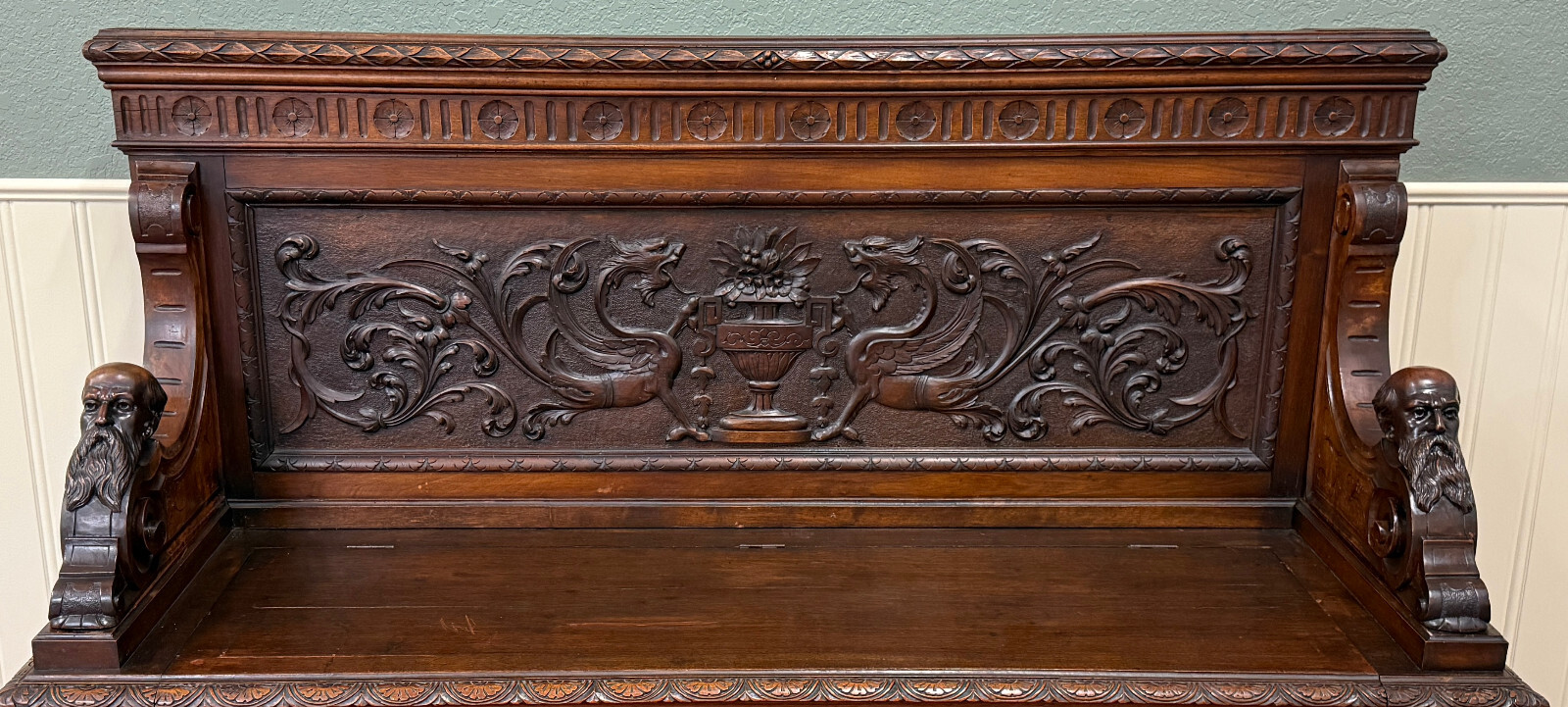 Antique French Entry Bench Settee Trunk Renaissance Revival Dark Walnut c1890s
