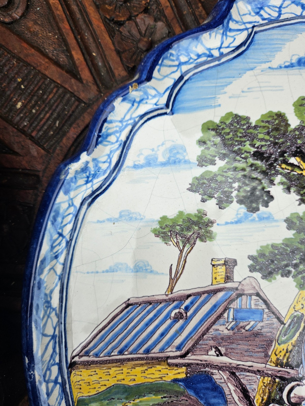 Antique 18thc Polychrome delft glazed earthenware wall plaque romantic decor