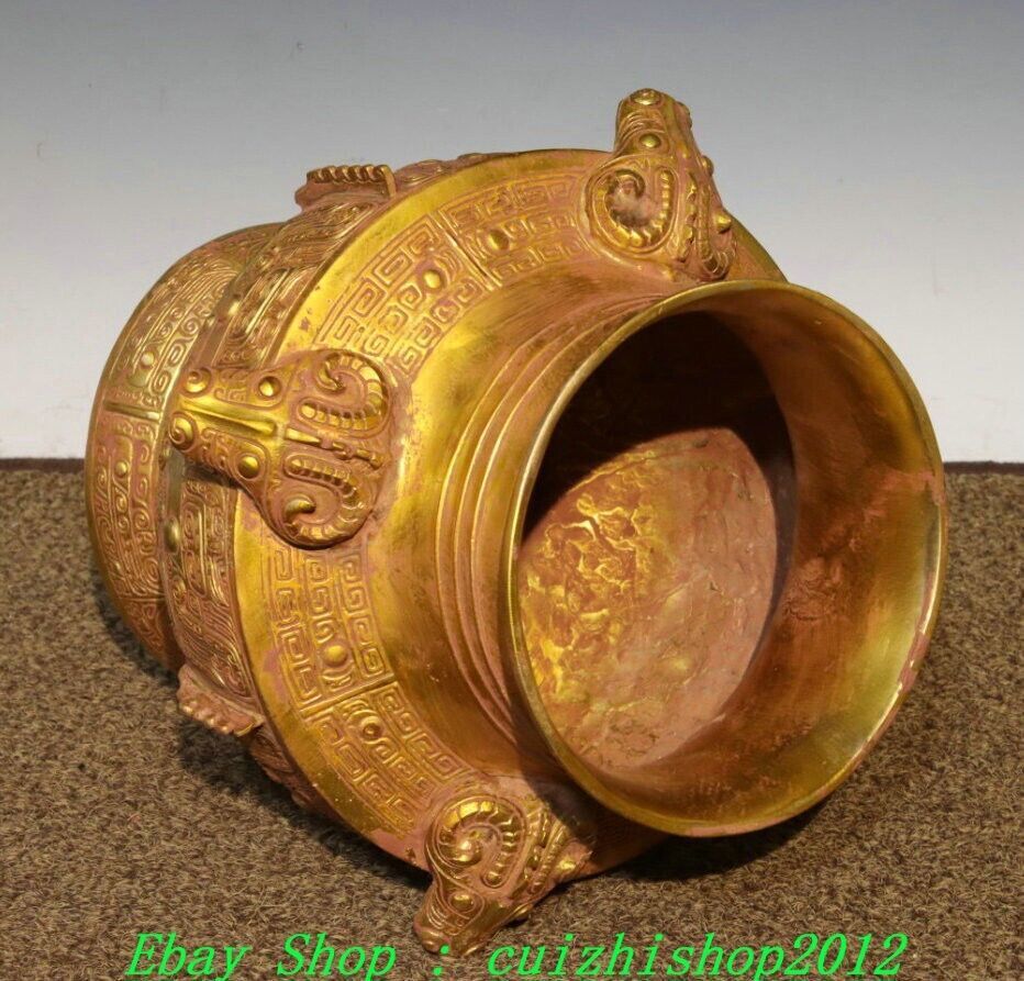 9″ Old Chinese Dynasty Bronze Ware Gold Sheep Head Beast Face Wine Jar Pot Crock