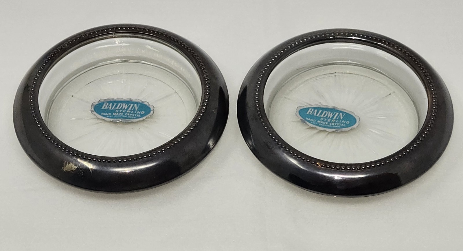 VINTAGE BALDWIN STERLING SILVER & HAND MADE CRYSTAL COASTERS SET OF 2 NEW