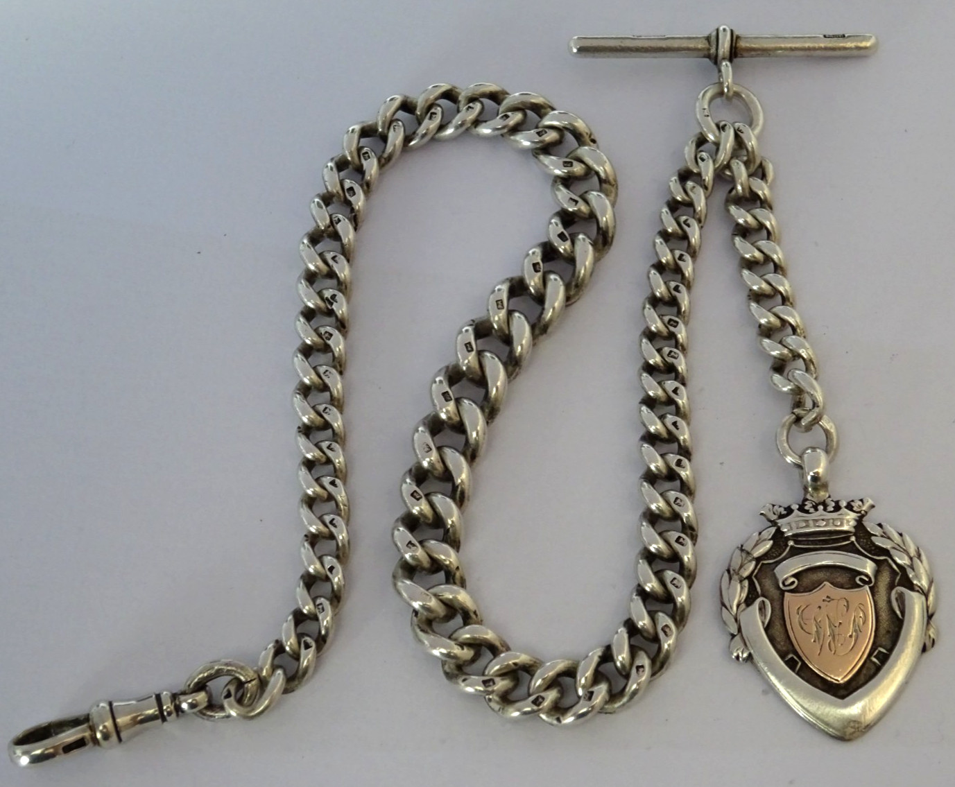 Antique heavy 66.5g solid silver pocket watch albert chain w/ silver & gold fob