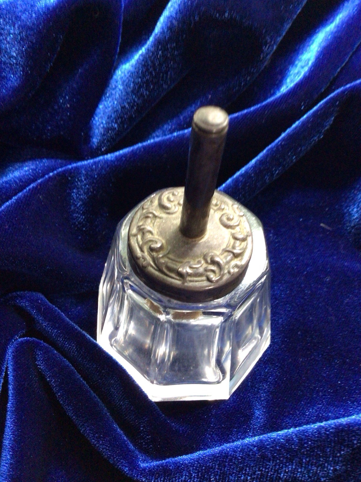 Antique Glue Pot Sterling Lid Horse Bristle Brush Victorian Octagon Glass