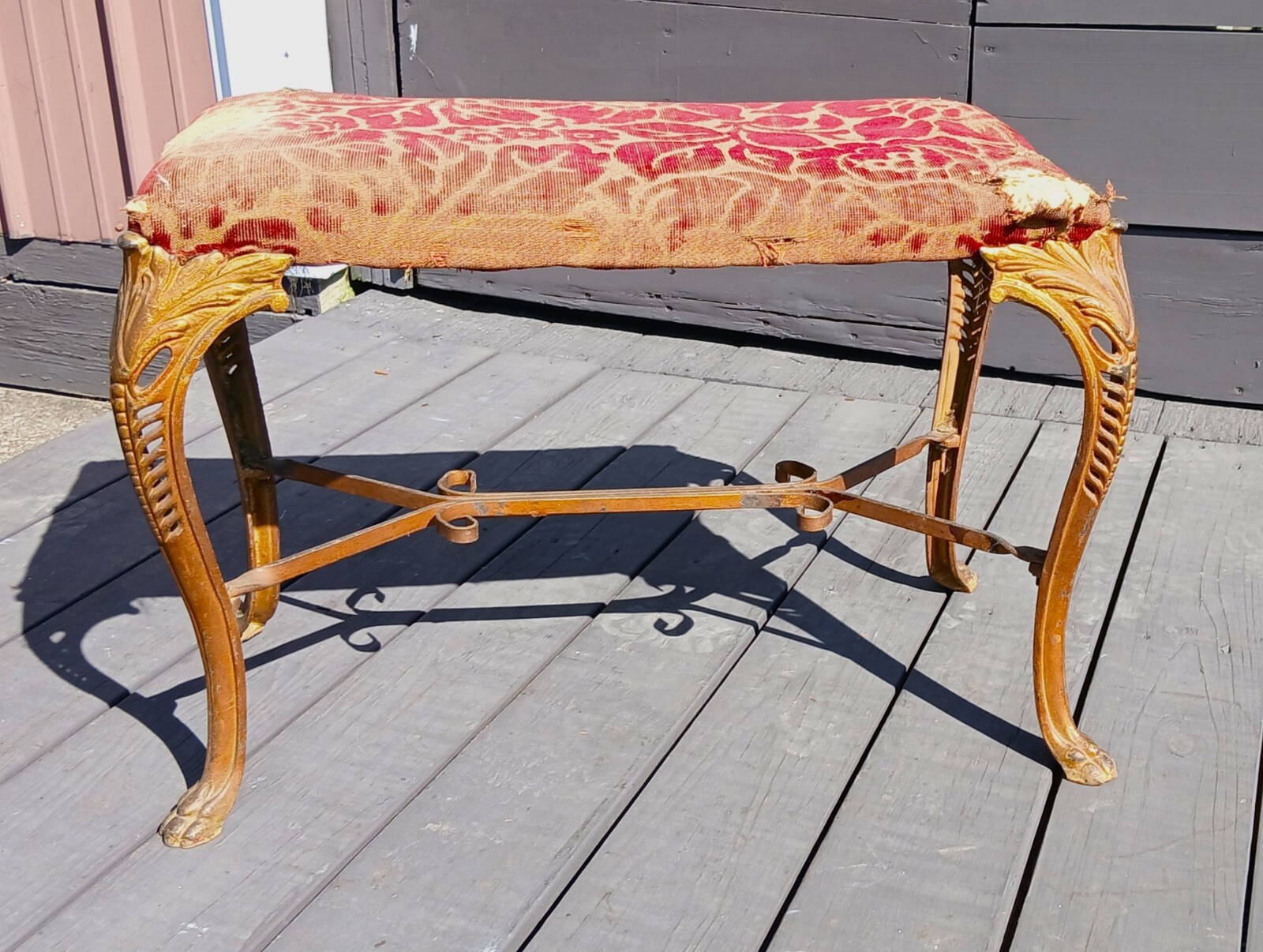 Antique Victorian Fireside Bench with Iron Leg Claw Feet and Old Gold Paint 1920