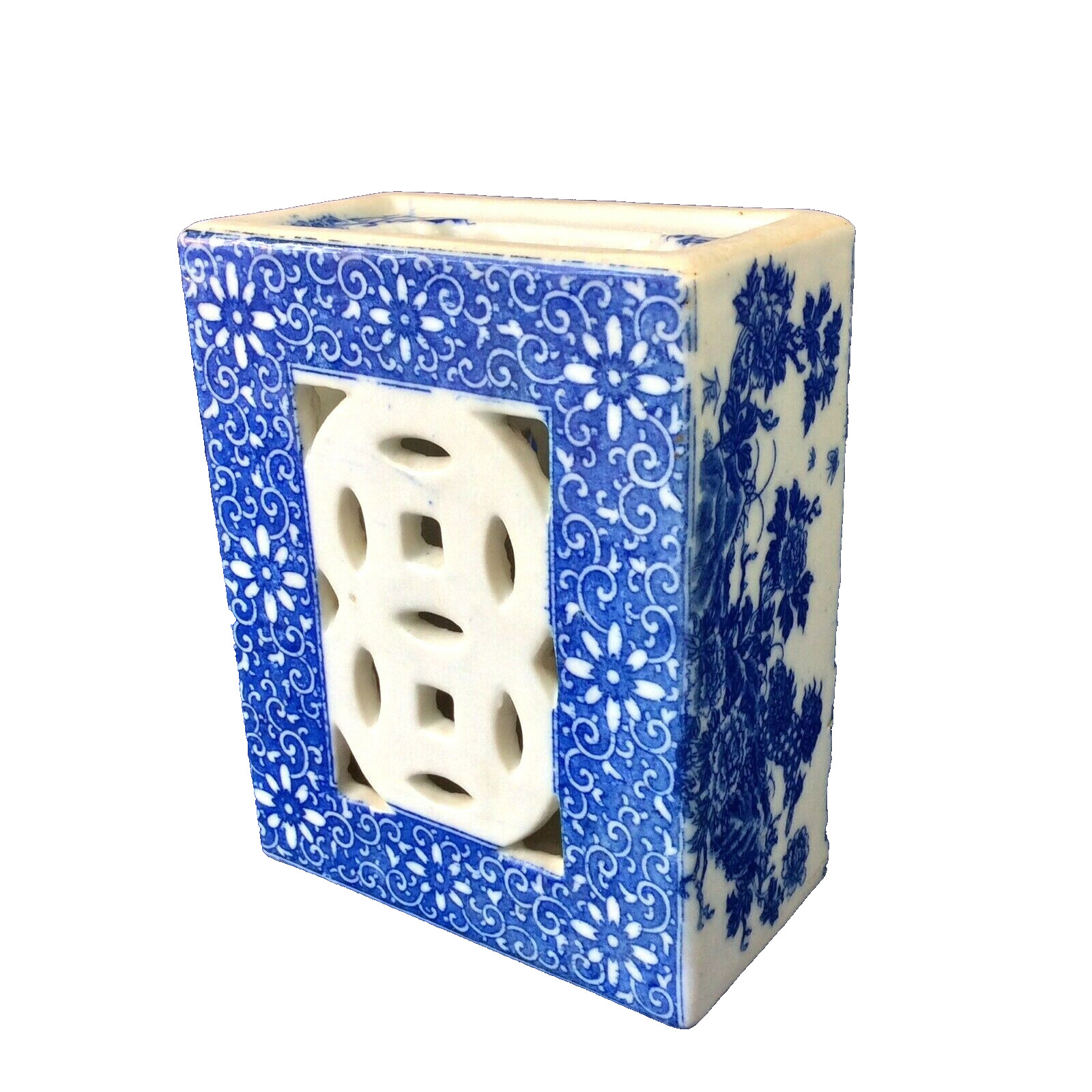 CHINESE PILLOW HEADREST BLUE FLORAL CHRYSANTHEMUM DBL RING HAPPINESS 6″H