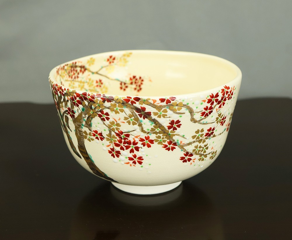 和田妙山 Wada Myozan Kyo ware ‘Cherry Blossoms Tree Tea Bowl’ with Original Box