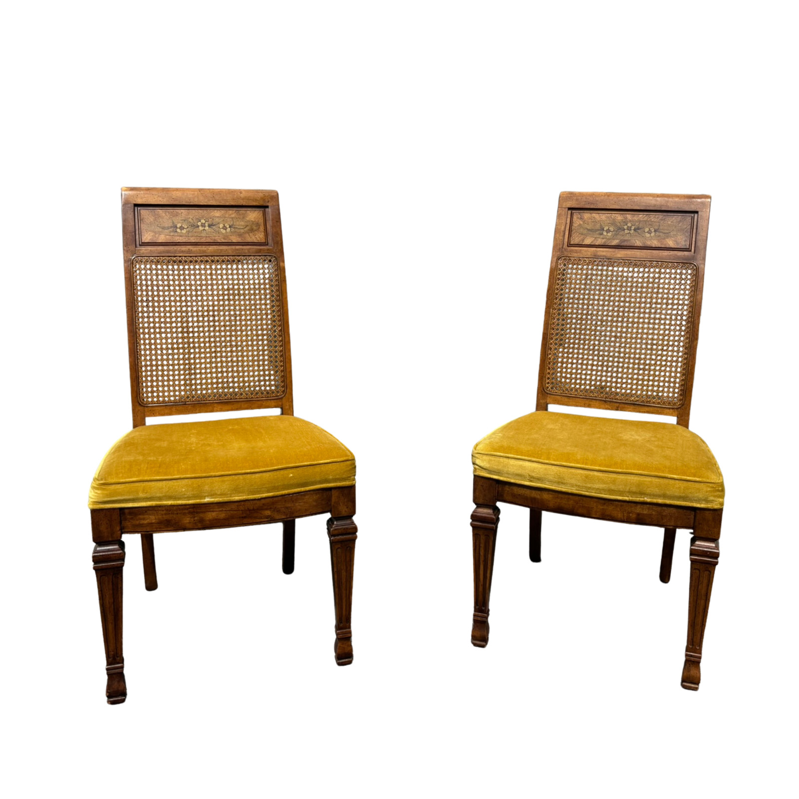 Pair Of Vintage Stanley Furniture Italian Cane Back Yellow Dining Chairs Velvet