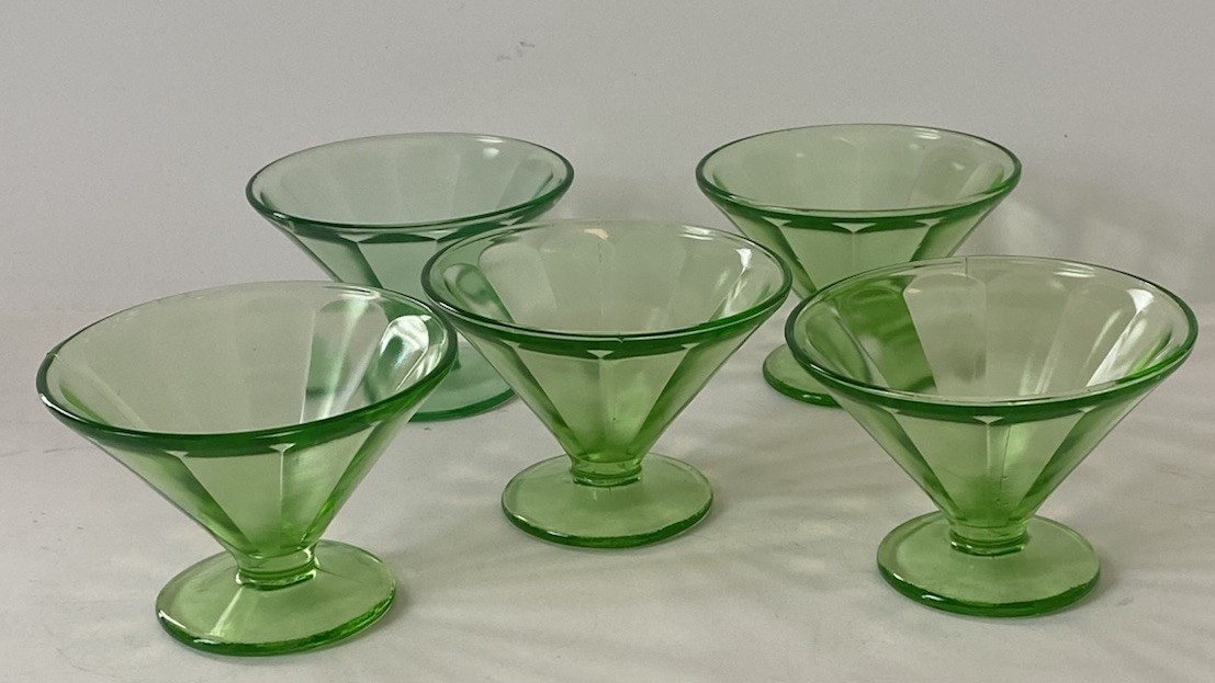 Antique Federal 1930s ~ Green Vaseline Uranium Depression Glass ~ Sherbet Dish