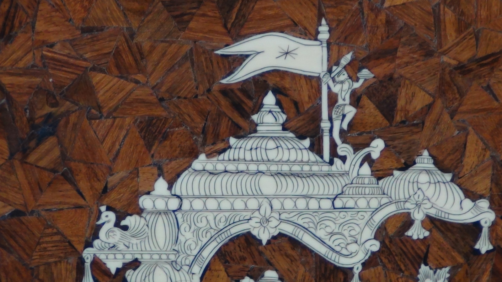 ANTIQUE 19c SOUTHEAST ASIA WOOD INLAID WALL PLAQUE WITH GODDESS ON CHARIOT