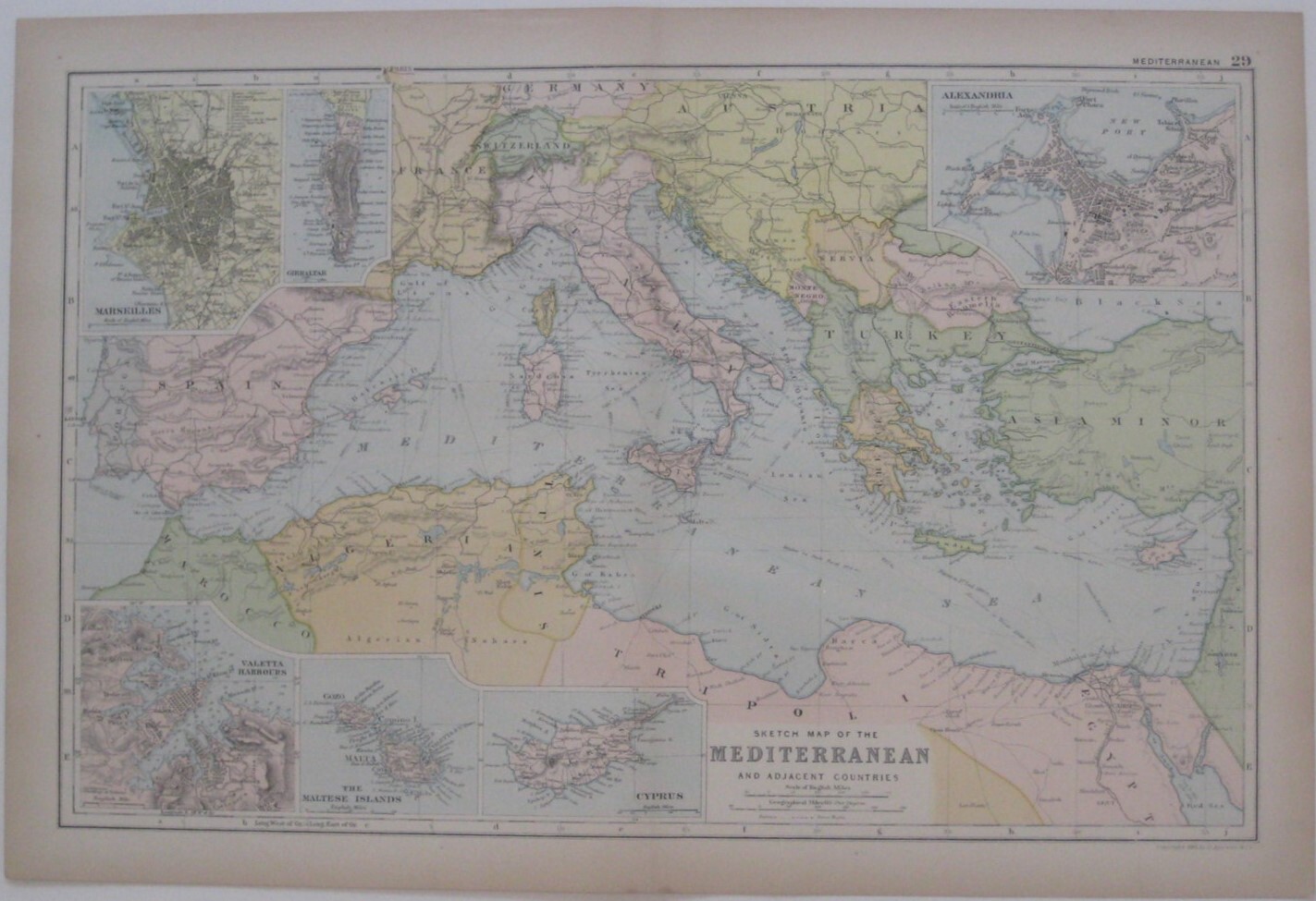 Original 1891 Map MEDITERRANEAN SEA Gibraltar Marseilles Malta Cyprus Egypt Gaza