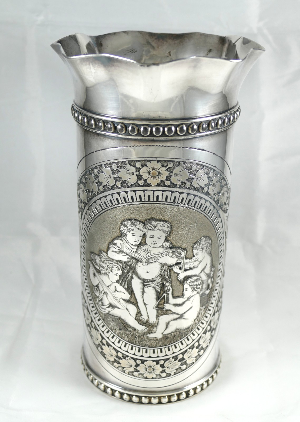 James Tufts Boston Art Nouveau Silverplate Pitcher Children Playing Instruments