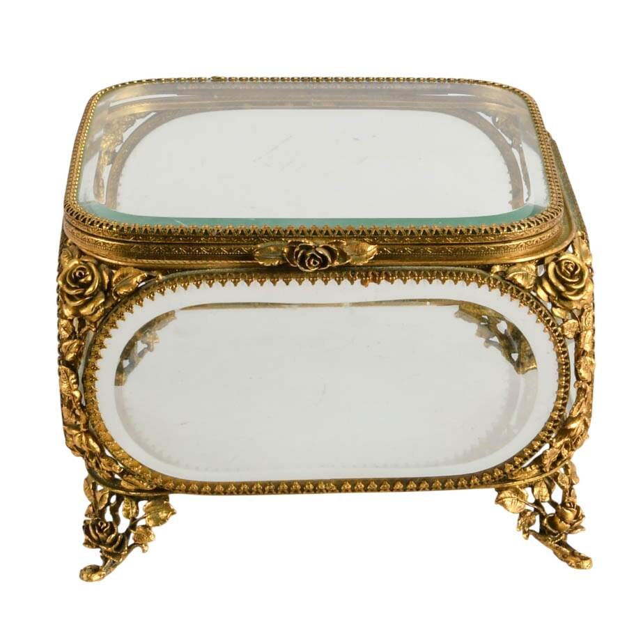 Large Matson Gold Filigree Clear Glass Jewelry Casket