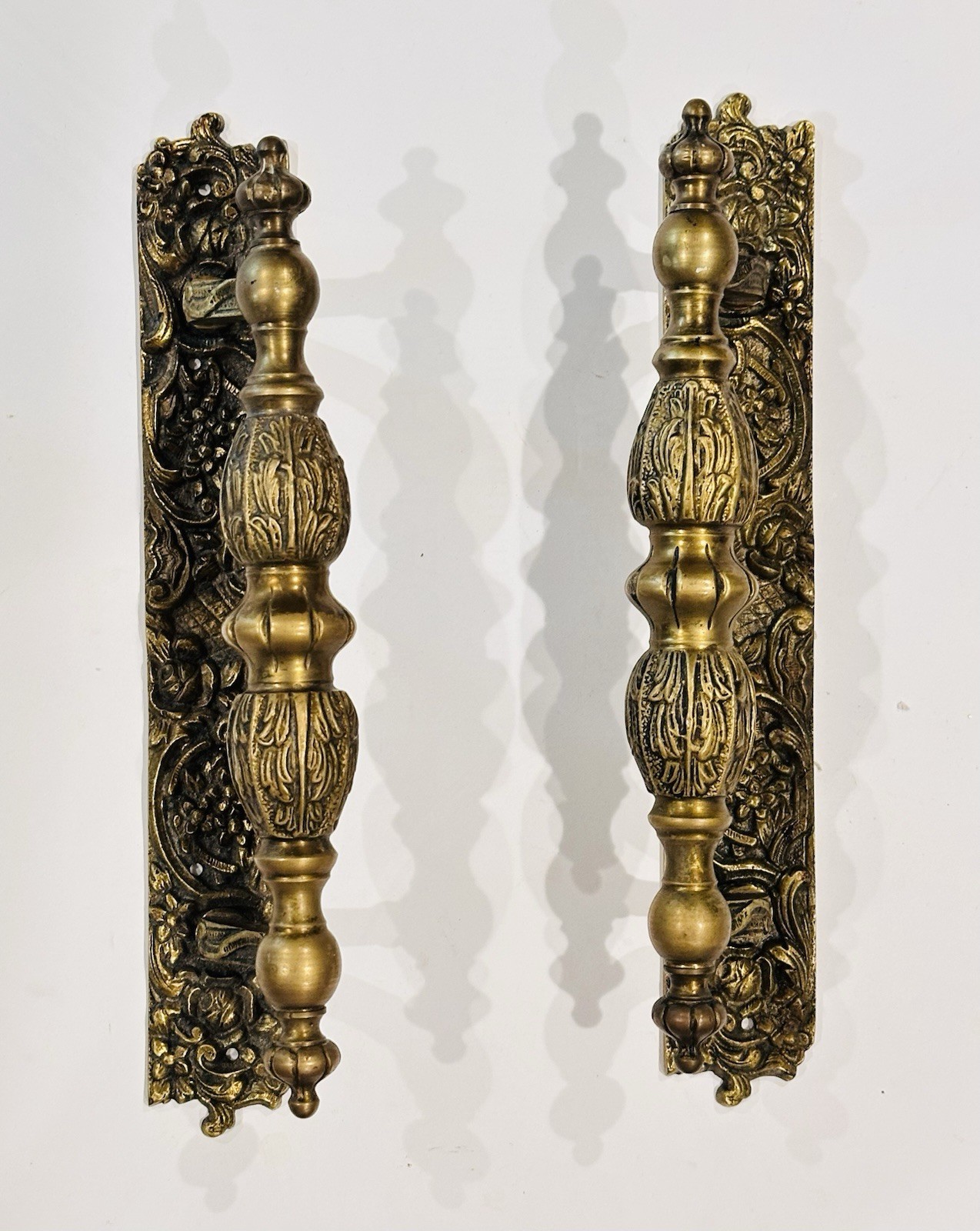 Vintage Pair MCM Hollywood Regency Heavy Ornate Brass Door Handles