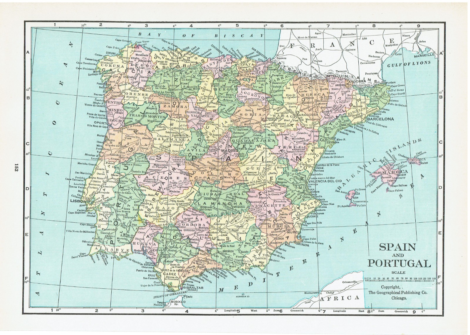 1932 Antique Color Map of Spain and Portugal Ready to Frame Beautiful!