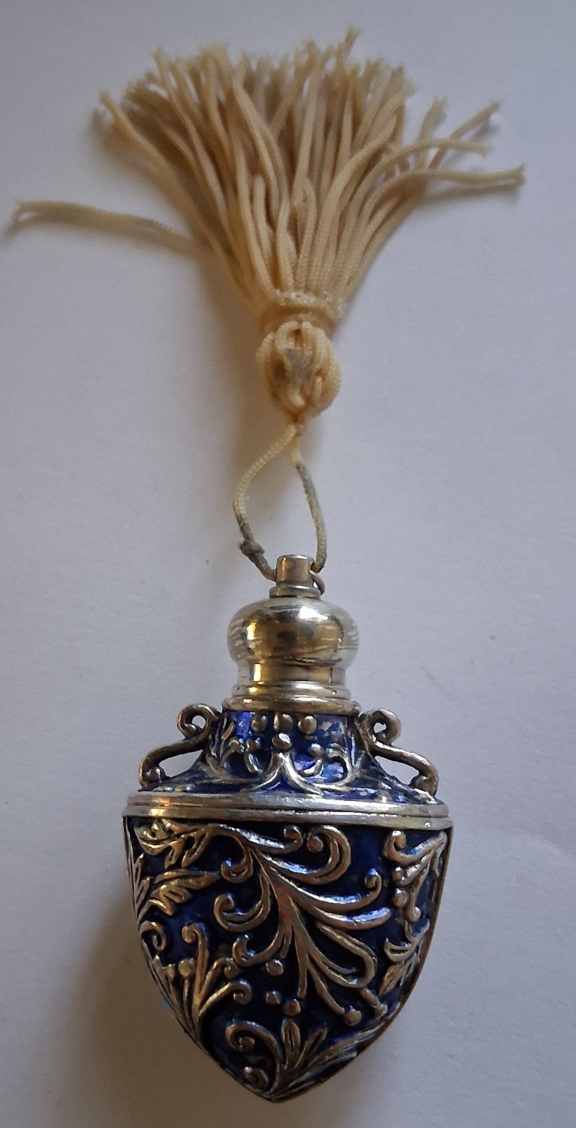 Victorian Art Nouveau Pewter Perfume Bottle Vial & lid w/tassel Sterling Silver