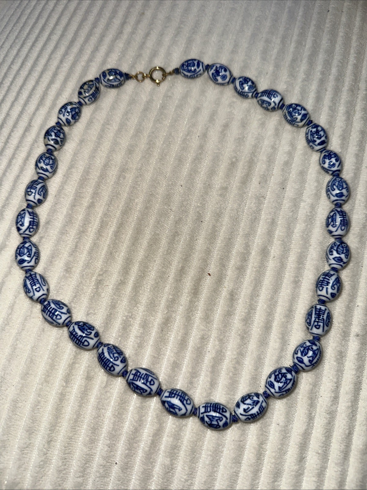 Chinese Blue/White Porcelain Bead Necklace Hand Knotted Hand Painted 22” VTG