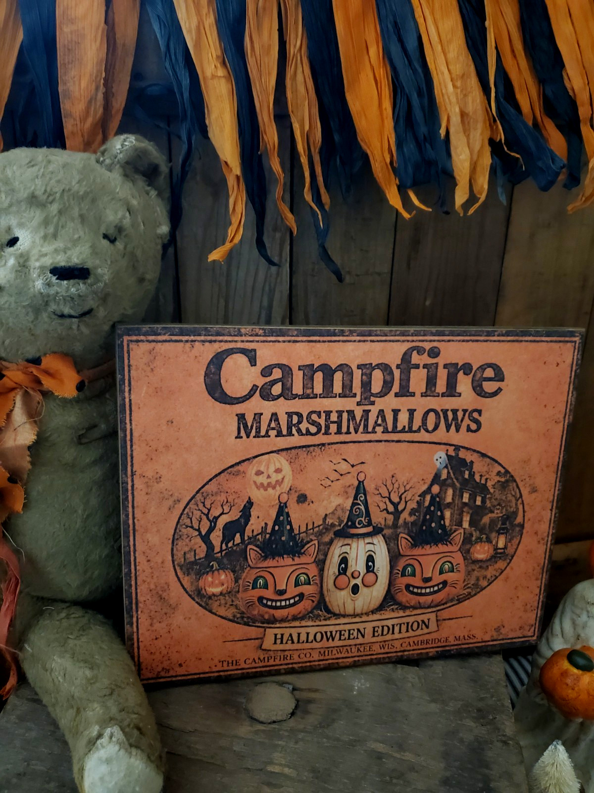SPOOKY PRIMITIVE RETRO VINTAGE STYLE HALLOWEEN WOODS CAMPFIRE MARSHMALLOWS SIGN