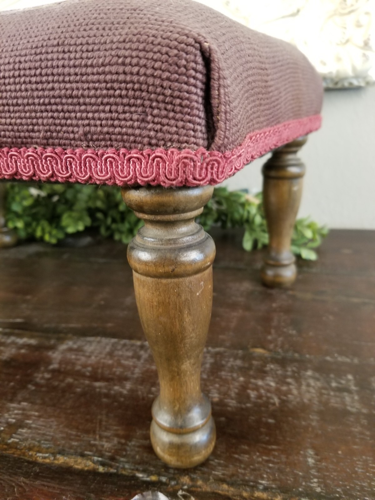 Antique Early 1900’s Floral & Rose Needlepoint Wooden Footstool in Deep Mauve
