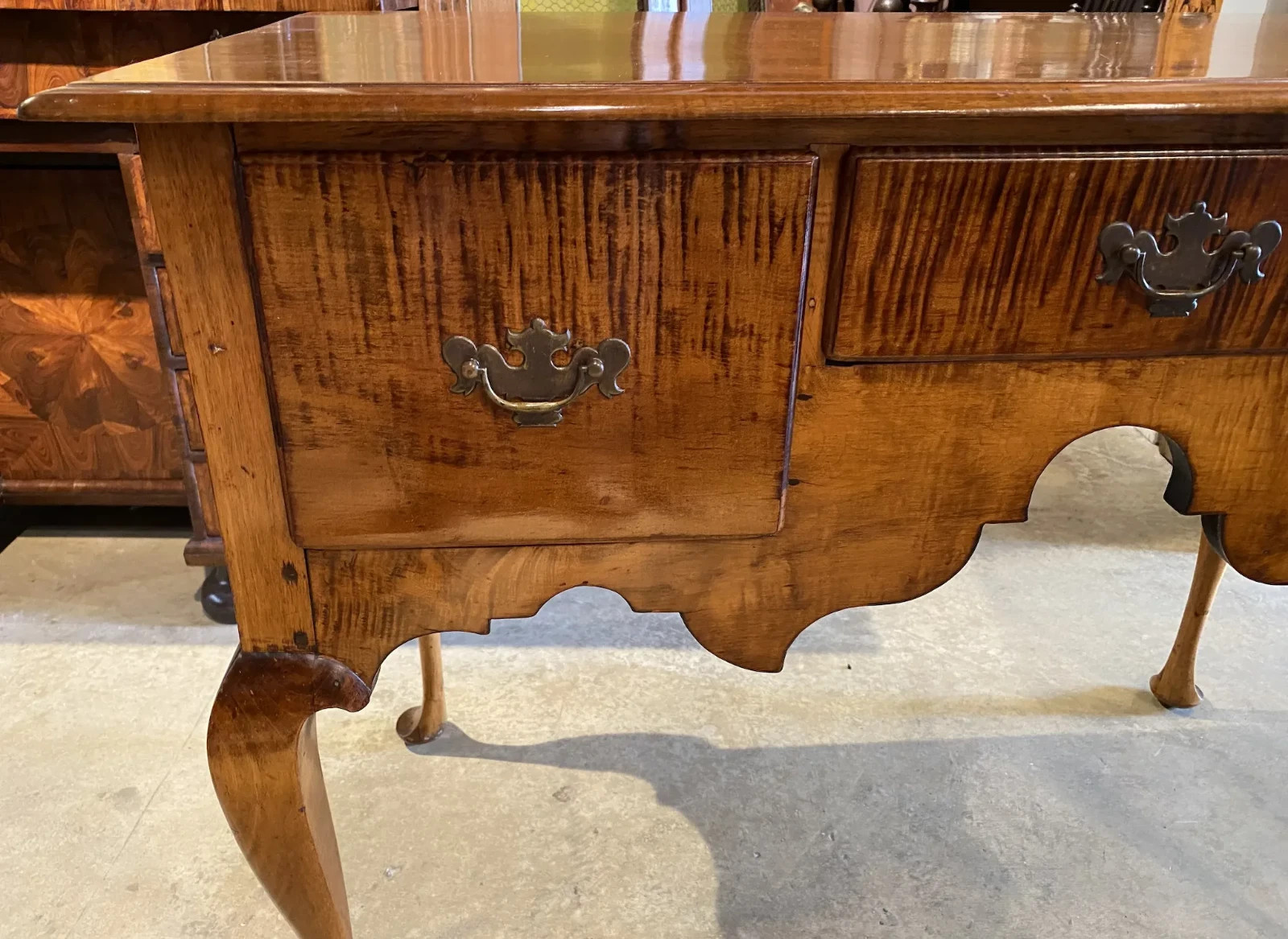 18th c New England Queen Anne Tiger Maple Highboy Base