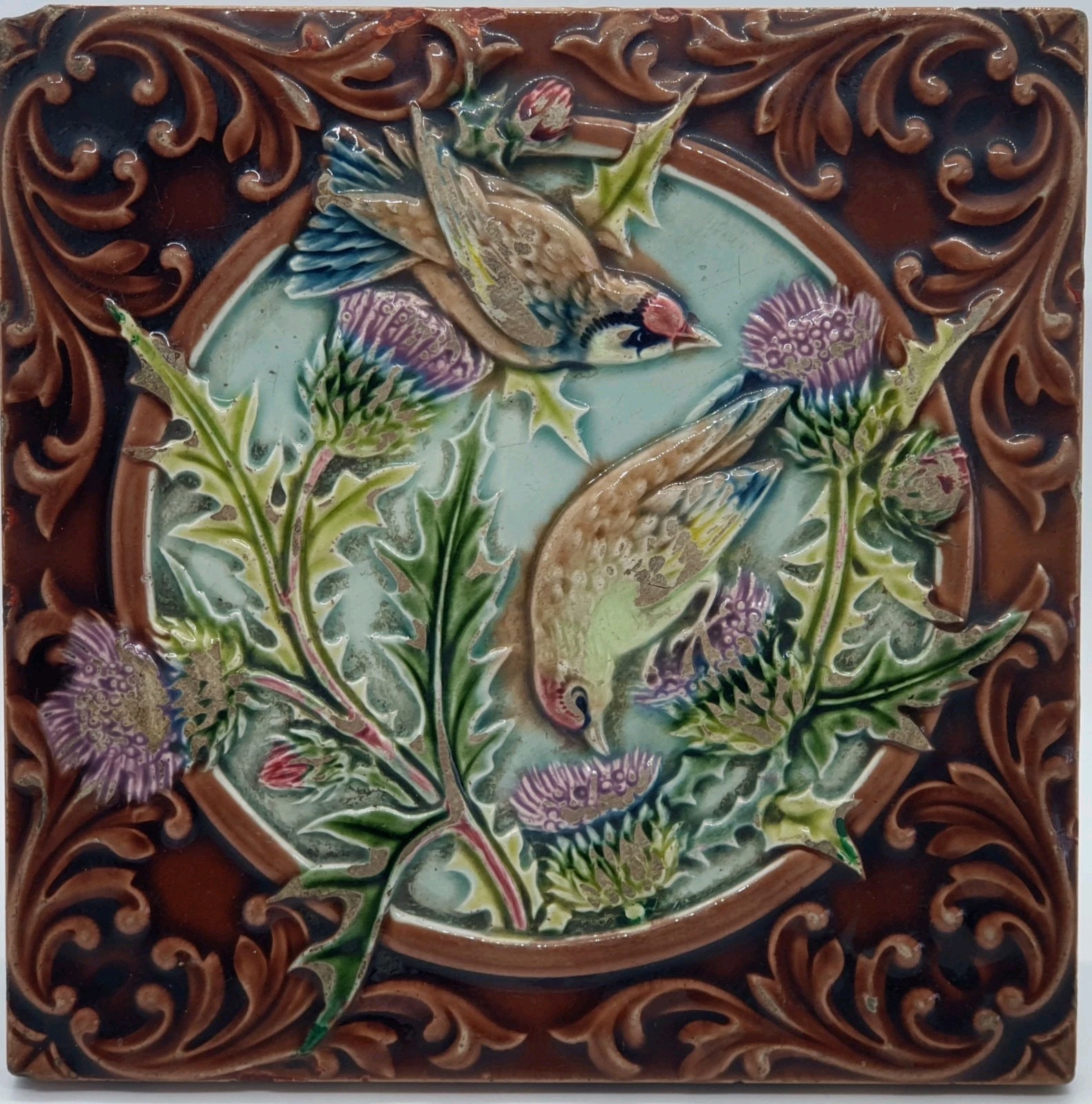 Scarce Antique Fireplace Minton Tile Relief Moulded Majolica Birds & Flowers