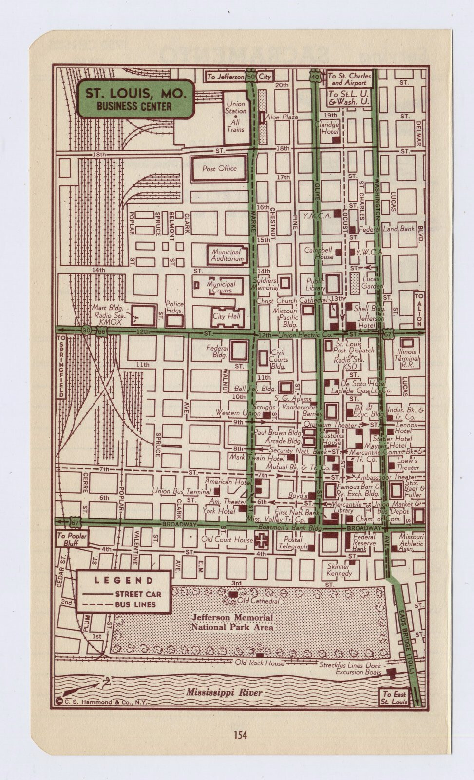 1951 ORIGINAL VINTAGE MAP OF ST. LOUIS MISSOURI DOWNTOWN BUSINESS CENTER
