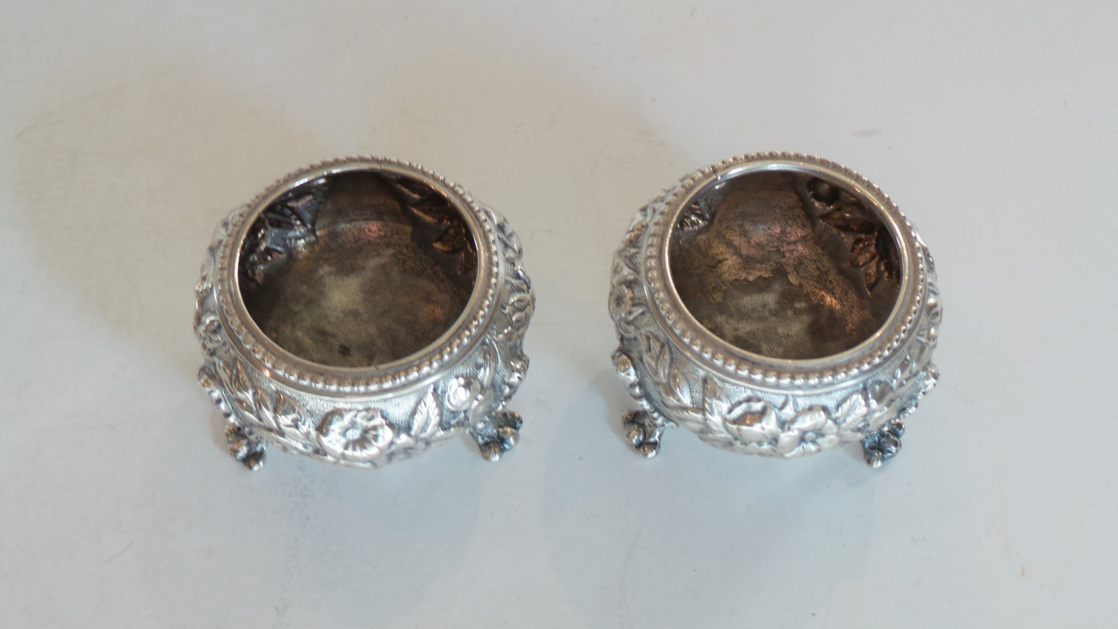 Pair Kirk REPOUSSE Coin Silver Footed Salt Cellars,100 Grams