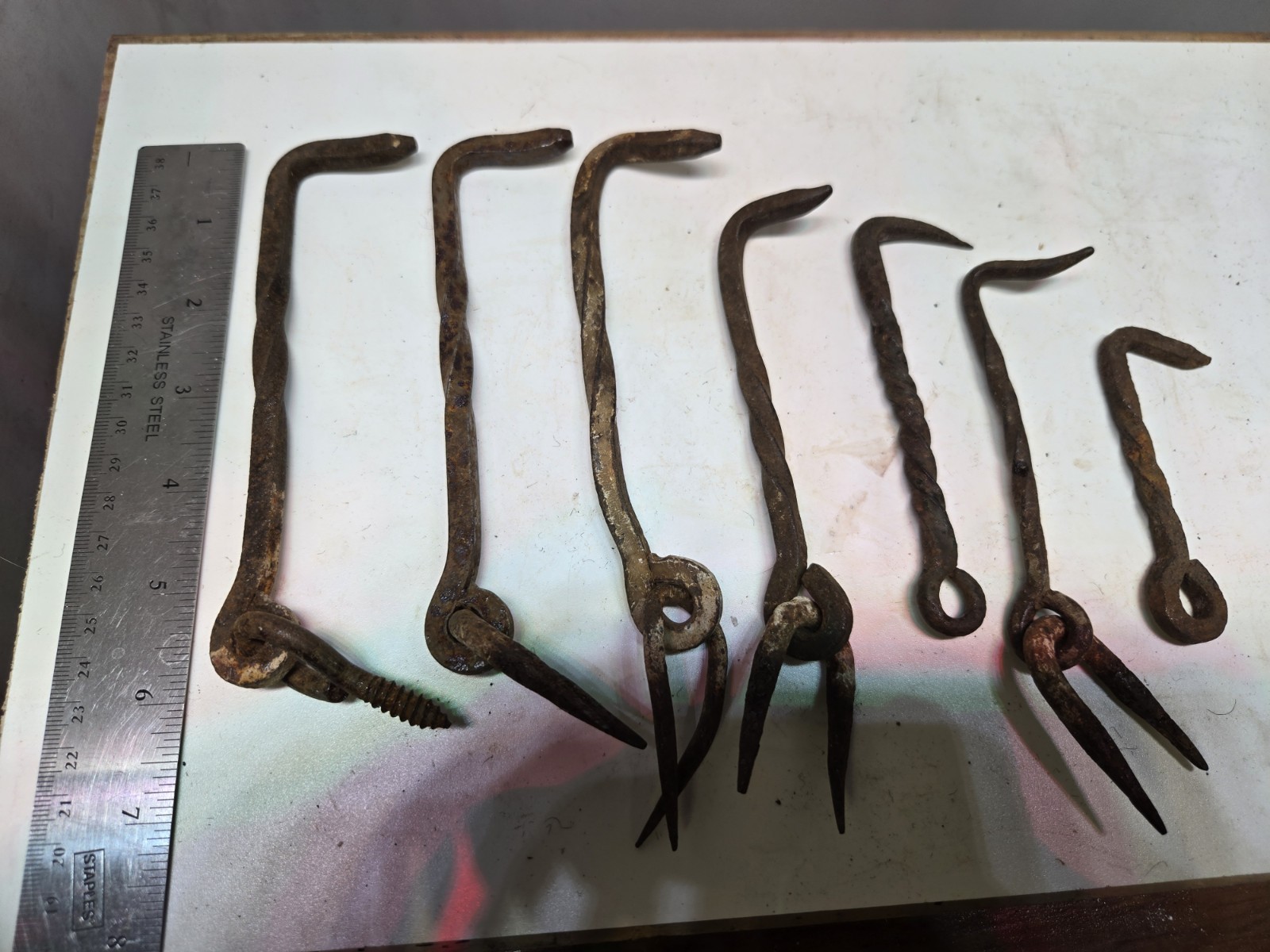 Lot Of 7 Antique Gate Hooks Iron Hand-Wrought Pre-1890 Twisted Shafts