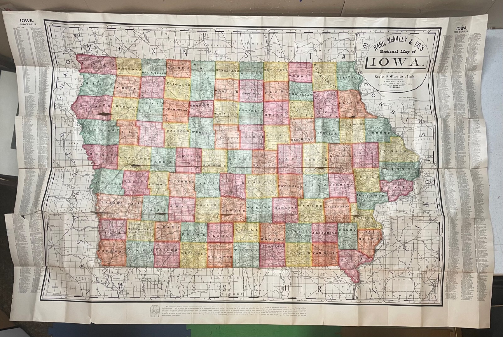 Antique ‘RAND MCNALLY Sectional MAP OF IOWA’ Large Folding POCKET Map w CENSUS