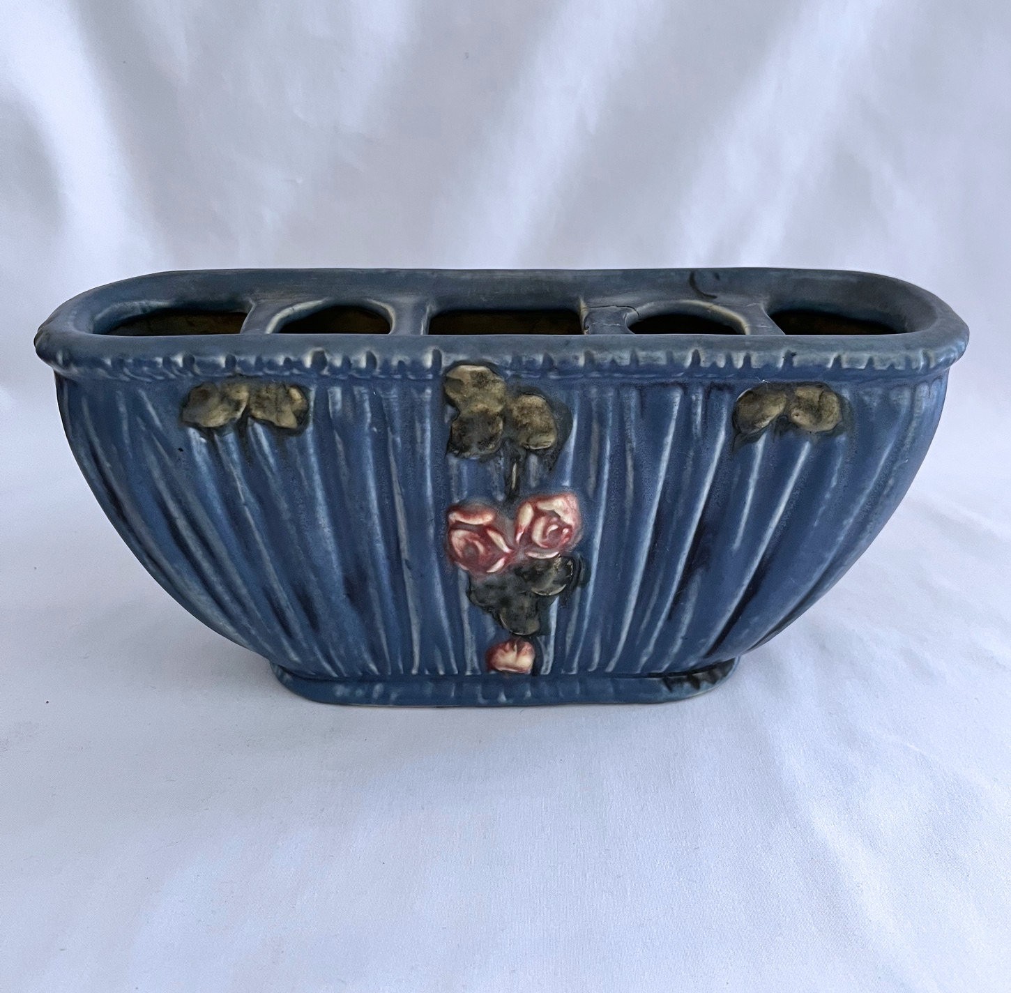 Antique Weller Pottery 1915-1920 Blue Drapery 4.5″ Dark Blue w/Rose Planter Vase