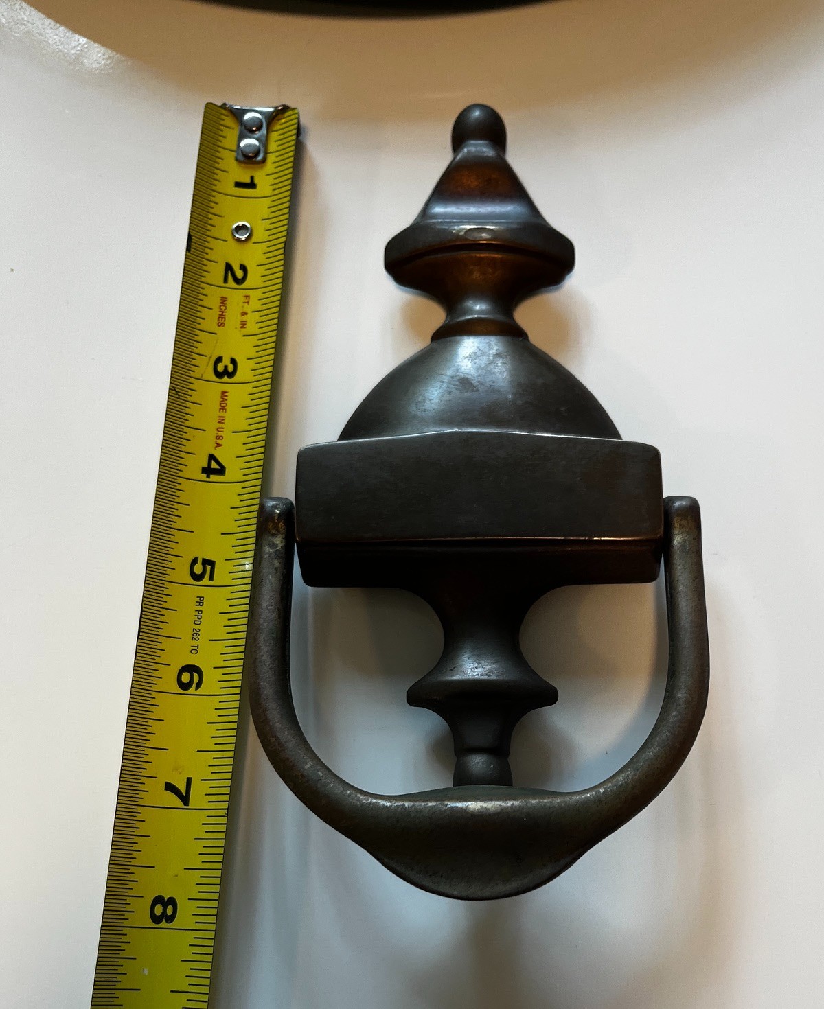 Solid Brass Vintage Door Knocker with original mounting hardware: 8 in x 4 in