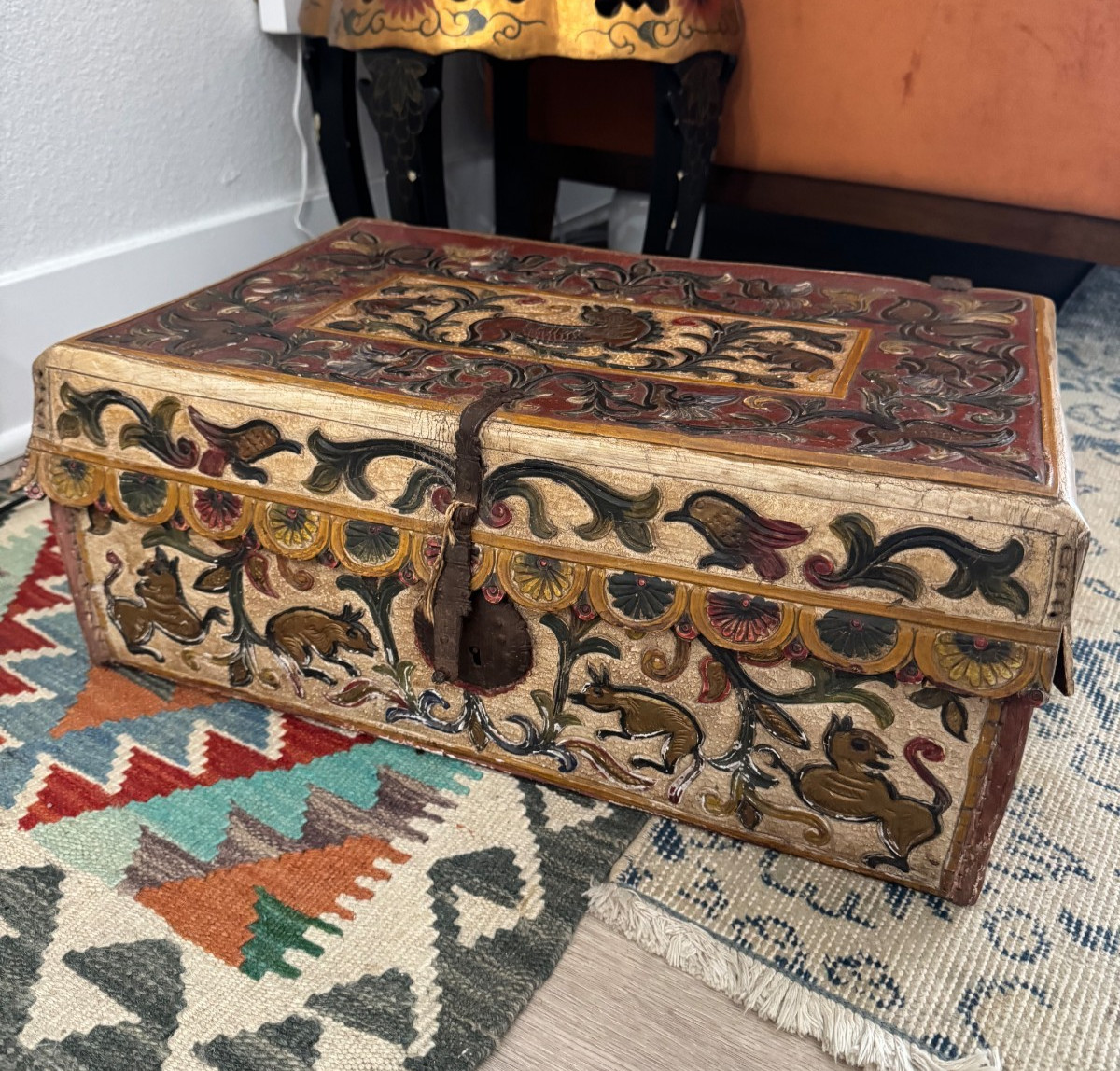 Antique Mughal Indian Hand Tooled Leather & Wood Chest / Rajastani Wedding Dowry