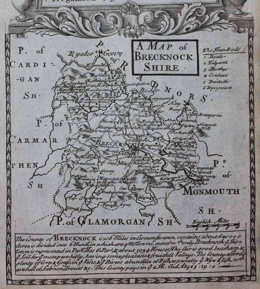 Original antique map, WALES, BRECKNOCKSHIRE, BRECKNOCK, Owen & Bowen, 1724