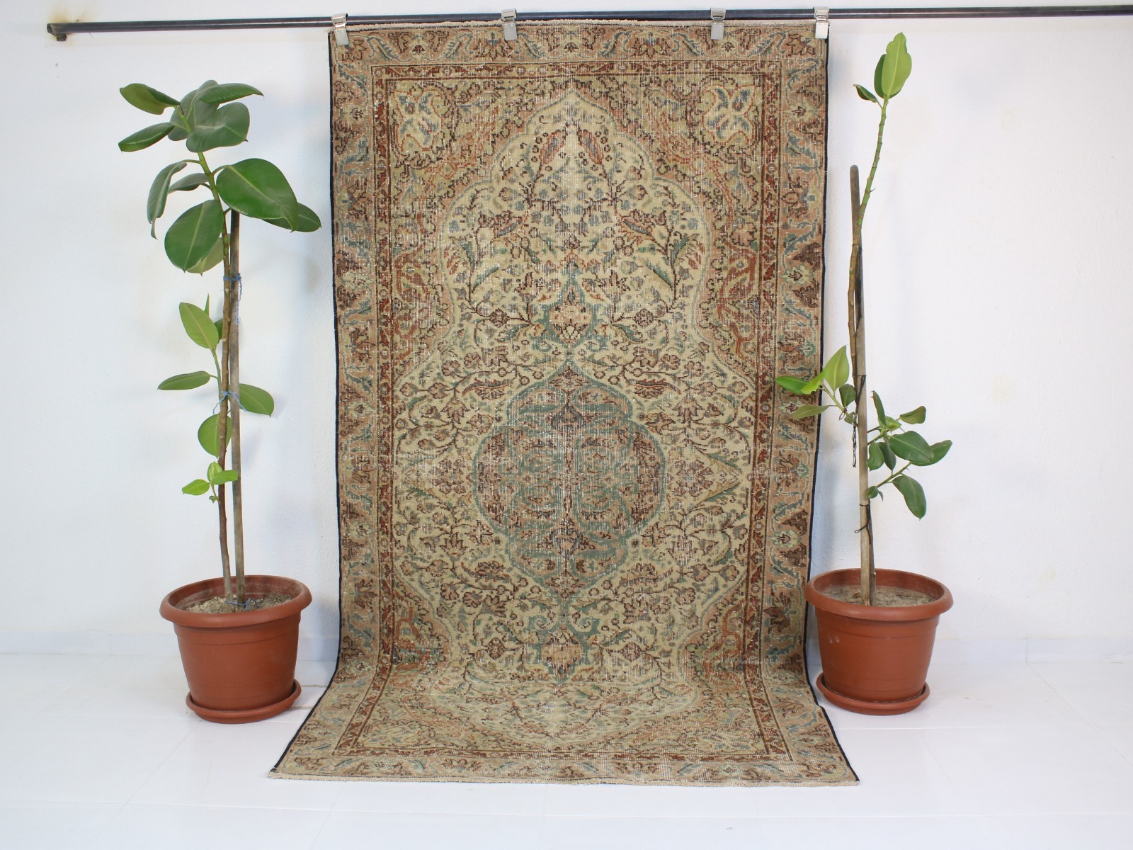 Vintage Turkish Rug 4.3×7.9 ft – Hand Knotted Wool Carpet, Beige Rust & Blue