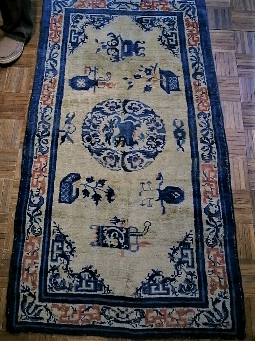 Antique Chinese Ningxia Ningshia rug with red dragons 3×6 (3’1×5’10) c. 1850