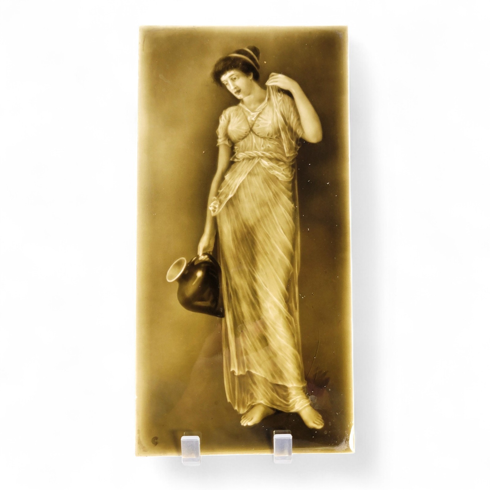 Art Nouveau Sherwin & Cotton Victorian tile “Lady with Ewer” c1890 mustard glaze