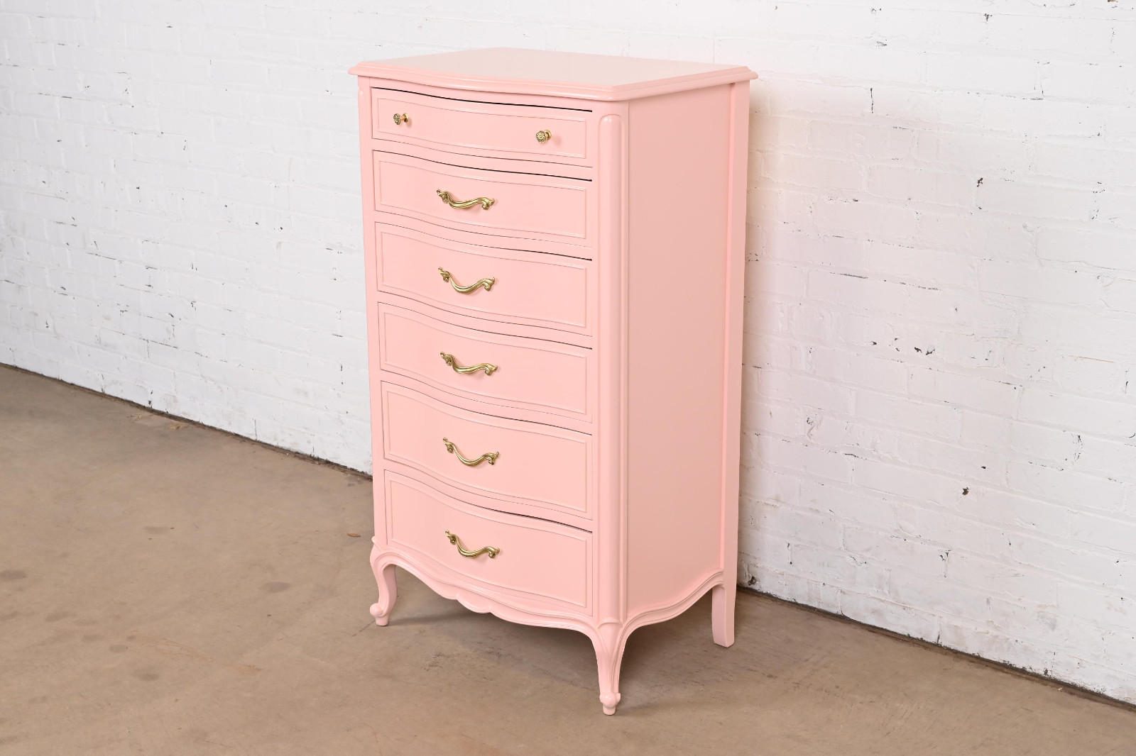 Drexel French Provincial Louis XV Pink Lacquered Lingerie Chest or Semainier