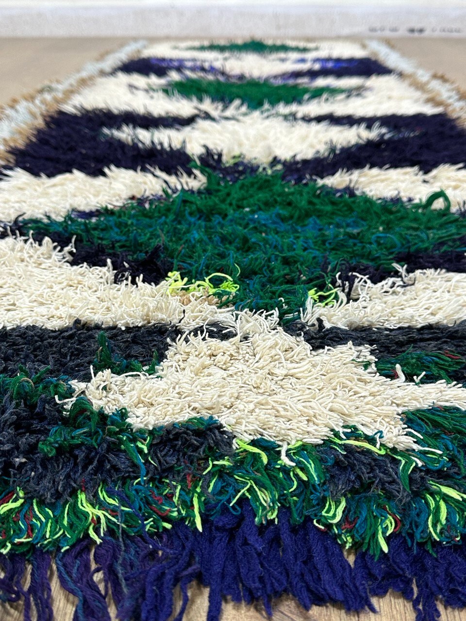 Vintage Moroccan handmade 2’4″x6’1″ Bohemian Berber Green Blue and White Runner
