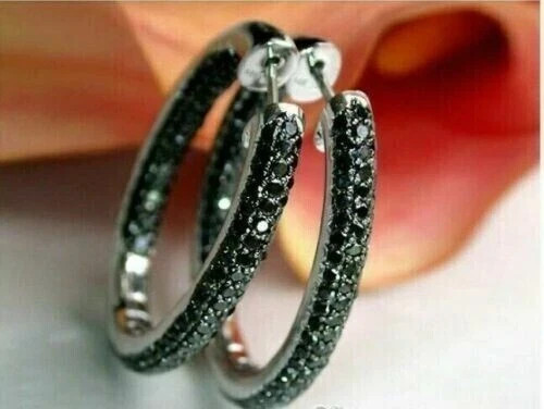 925 Sterling Silver Simulated Black Diamond Hoop Earrings 18k Black Gold Plated.
